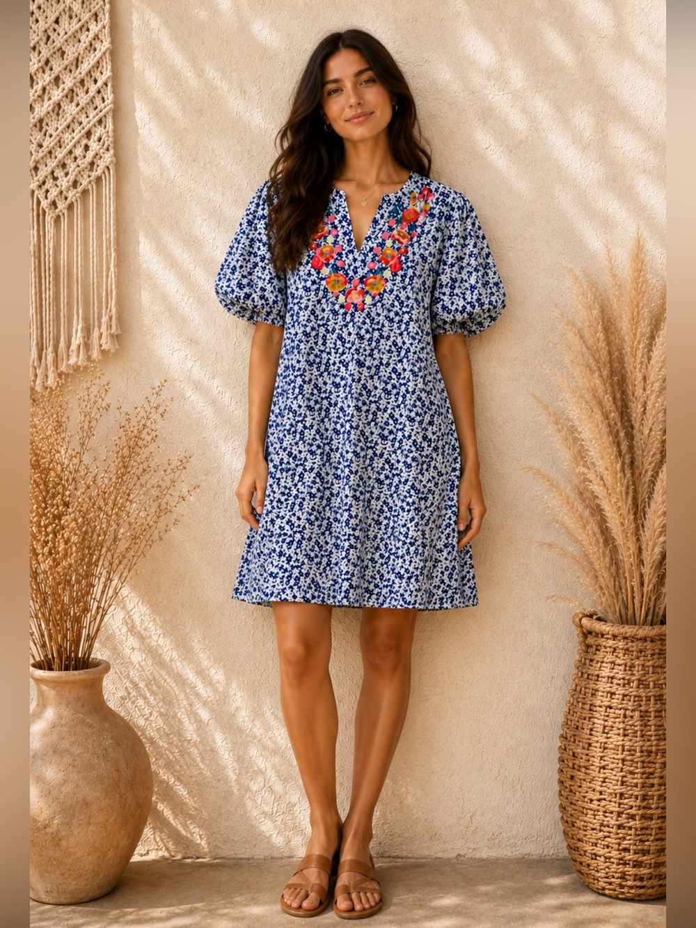 Embroidered Blue Floral Boho-Chic Feminine Mini Dress, Size Small